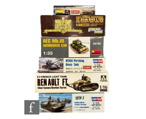 A collection of Military related plastic model kits, various scales, to include Hobby Boss LVTP-7 Landing Vehicle Tracked - P