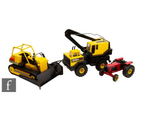 A collection of Tonka toys, comprising a crane, bulldozer and tractor. (3)