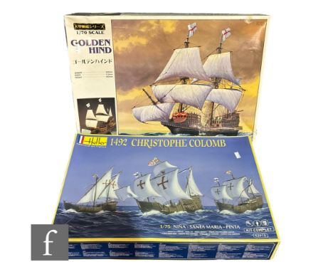 Two plastic model kits, both historical ships, Heller 52910 1:75 scale 1492 Christophe Colomb plastic model kit, together wit