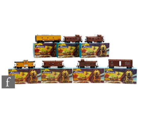 Seven Athearn HO gauge locomotive and wagons, models to include 3014, 1251, 1250, 5012, 5368, Bay Window Caboose and Northern