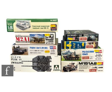 Eight military related plastic model kits, various scales, to include Takom 1:35 scale Flak 40 Zwilling, Hobby Boss 82431 PzK