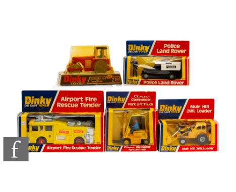 A collection of Dinky diecast models, comprising 279 Aveling-Barford Diesel Roller, 263 Airport Fire Rescue Tender, 277 Polic
