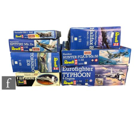 A collection of Revell plastic model kits, all aircraft, various scales, to include 04783 Eurofighter Typhoo, 4707 F-18A Horn