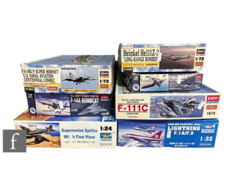 A collection of plastic model kits, all aircraft, various scales, to include Trumpeter 02404 Supermarine Spitfire MK. Vb Floa