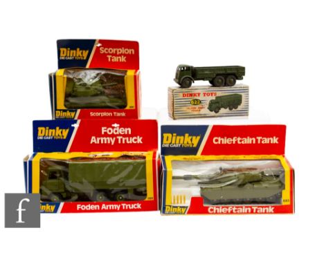 A collection of Dinky diecast military models, comprising 622 10-Ton Army Truck, 683 Chieftain Tank, 690 Scorpion Tank, and 6