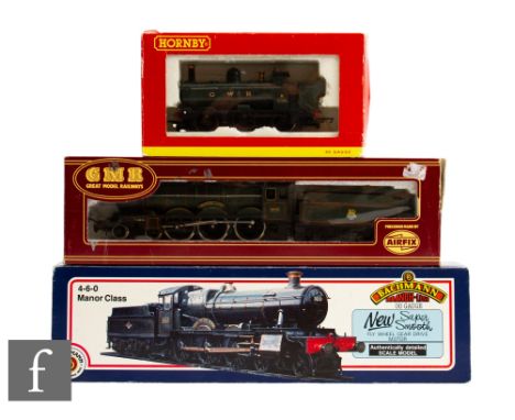 Three OO gauge locomotives, Bachmann 31-300 4-6-0 GWR green Manor Class 'Bradley Manor,' GMR 54125-5 4-6-0 BR green Castle Cl