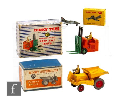 Three Dinky toys, a 562 Dumper Truck, a 401 Coventry Climax Fork Lift Truck and a 736 Hawker Hunter Fighter, all boxed. (3)