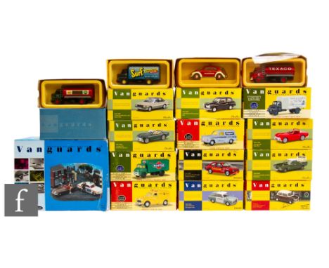A collection of Lledo Vanguard diecast models, to include a 1:43 scale Rover 2000 and Jaguar XK120 with diorama, also fifteen