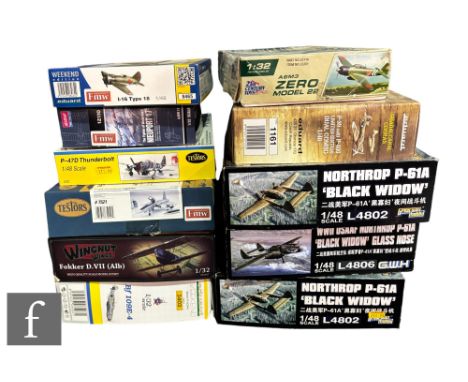 A collection of plastic model kits, various scales, all aircraft models, to include Eduard Weekend Edition BF 109E-4 I-16 Typ