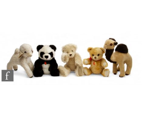 A collection of five later 20th Century bears and animals, including Steiff Mohair bear and Panda, yellow tag and buttoned ea