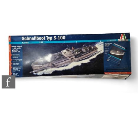 An Italero 5603 Schnellboot Typ S-100 1:35 scale plastic model kit, started but most items still on sprue, with some addition