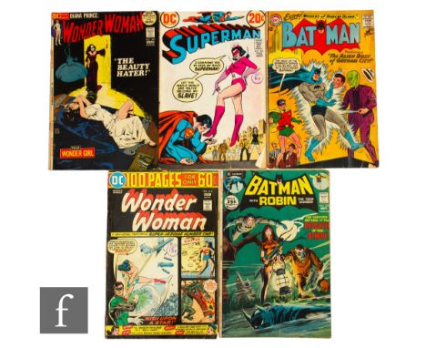 A collection of bronze age DC comics, to include Wonder Woman #200, Wonder Woman #214, Batman #160, Batman #235, and Superman