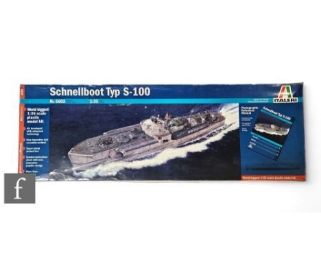 An Italeri 5603 Schnellboot Typ S-100 1:35 scale plastic model kit, started but most items still on sprue, includes some upgr