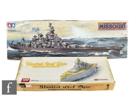 Two plastic model kits, Academy 1:350 scale 14104 Admiral Graf Spee and Tamiya 78008 1:350 scale BB-63 Missouri, both boxed w