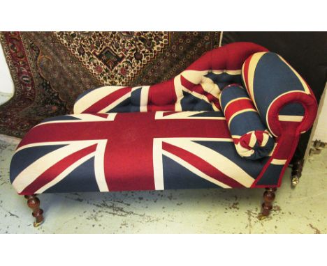 WINDOW SEAT, with a buttoned back, a bolster cushion and Union Flag upholstery on short turned supports with castors, 138cm W