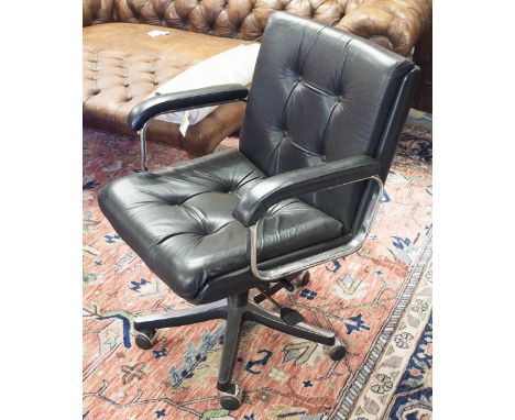 DESK CHAIR, chrome and black leather with height adjustable swivel seat, 61cm W.