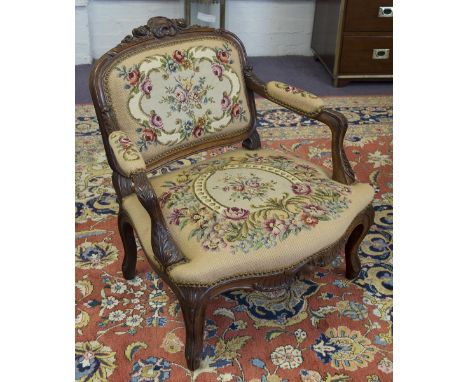 FAUTEUIL, mid 19th century French walnut with unusual low back and seat in gros and petit point needlework, 72cm H x 71cm W.