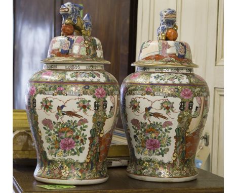 VASES, a pair, Famille Rose pattern ceramic with covers, 43cm H x 24cm D. (2)