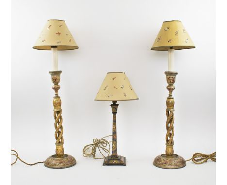 PERSIAN CANDLESTICK TABLE LAMPS, a pair, papier mache lacquer wood, 40cm H; plus another in similar taste with lacquered fini