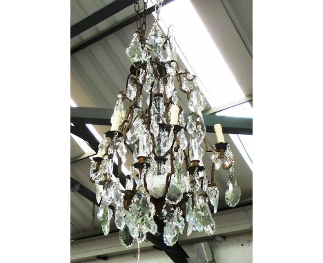 CHANDELIER, six branch, Louis XV style with glass drops on a bronzed frame, 90cm H plus chain.