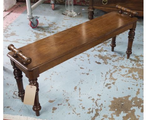 HALL BENCH, Victorian walnut with canted corner top, bolster handles and turned supports, 120cm W.