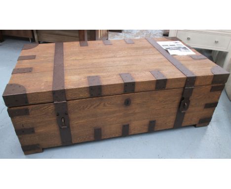 LOW TRUNK, oak and metal bound, by Restoration Hardware with hinged top and side handles, costs c.$2000 new, 136cm W x 74cm D