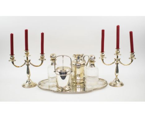 SILVER PLATED WARES, comprising a pair of three light candelabrum, serving platter, insulated jug and ice pail, plus two glas