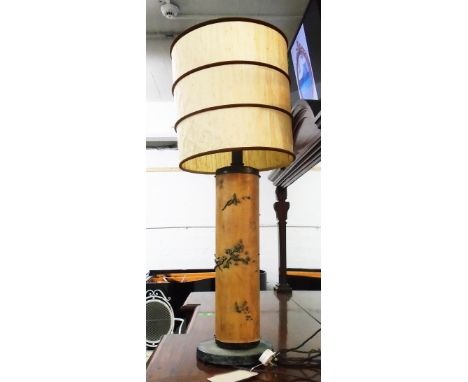 TABLE LAMP, cylindrical, made from a wall paper printing block, with shade, 106cm H including shade.