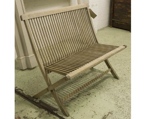 FOLDING GARDEN BENCH, weathered slatted teak with folding 'X' frame, 100cm W.