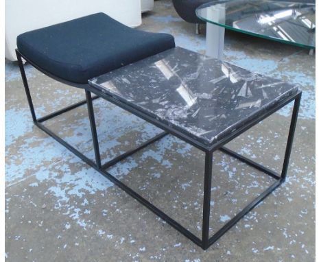 HALL BENCH, upholstered set metal frame with fossil detail, 110cm W x 48cm D x 48cm H.