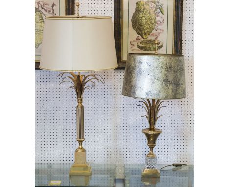 TABLE LAMP, brass of palm column form with cream shade, 93cm H x 41cm W and a similar glass and brass lamp with marbled shade
