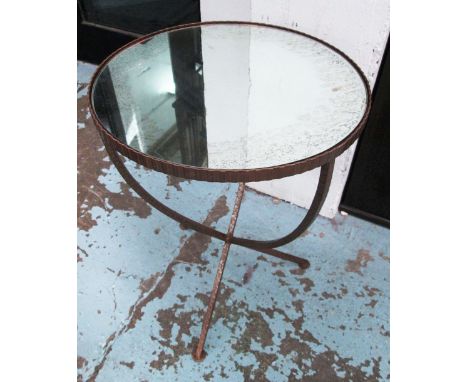 LAMP TABLE, the antiqued mirrored top on metal base, 41cm W x 59cm H.