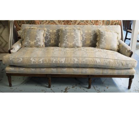 CANAPE, early 20th century, Louis XV style, walnut, in grey damask, with cushion seat, 185cm W.