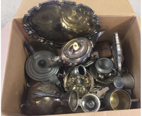 A box of silver plated items to include teapot and a broken silver candlestick.