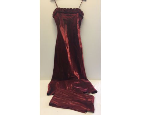 Ladies red satin evening/prom dress with shoestring straps and edged with rosettes.  Made by Yve of London, size medium - wit