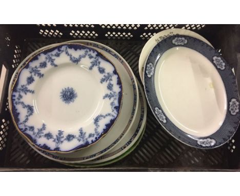 A crate of assorted serving plates to include Vieux Rouen Etruria Wedgwood, Spode batprinted plate and an embossed Coalport s