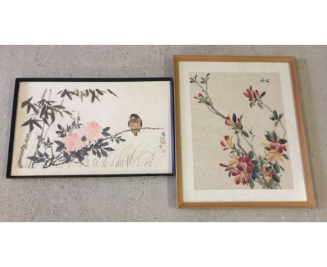 2 oriental paintings: 1) Print of bird and flowers 36x58cm, 2) Watercolour on paper (slight foxing), mounted on silk of flowe