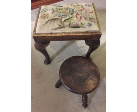 A vintage oak milking stool with a tapestry topped oak stool.