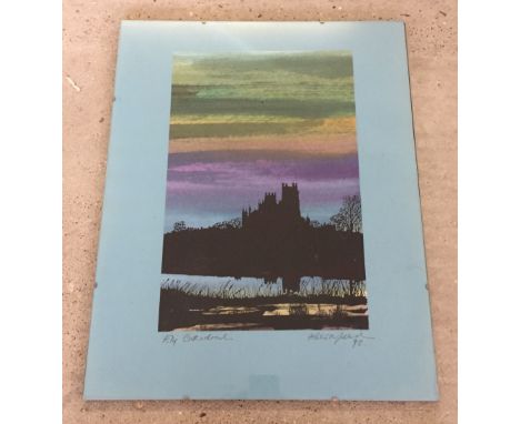 A framed & glazed hand painted print of Ely Cathedral by Kate Millard dated 1993.
