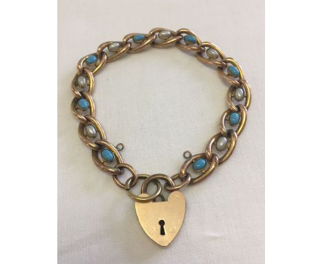 Vintage rolled gold bracelet with large links and 'padlock' heart shaped clasp, set with turquoise and faux pearls.  Safety c