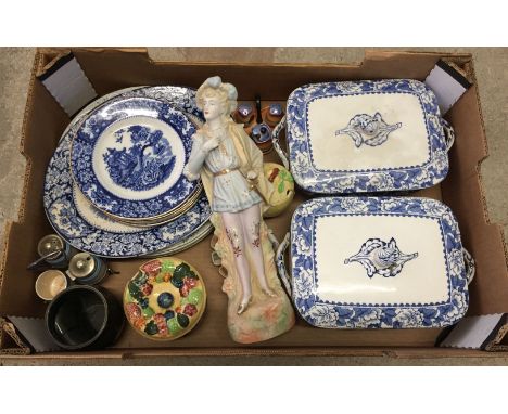 A box of mixed ceramics to include a quantity of blue & white china and a Carlton ware jam pot.