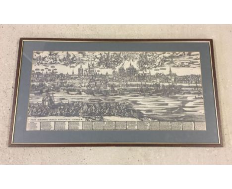 A framed & glazed print on linen from a woodcut by Anton Woersam of Cologne in 1531. Framed size approx 47 x 85cm.