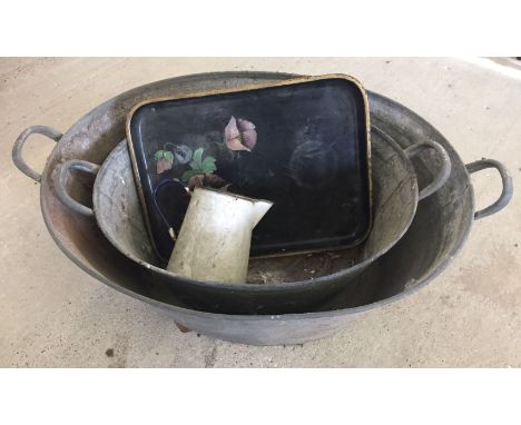 2 vintage galvanised tin baths together with a metal tray and enamel jug.
