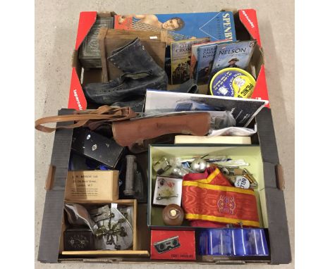 2 boxes of mixed items to include vintage ice skates, pocket binoculars, Ladybird books, boxes and vintage chest expanders.