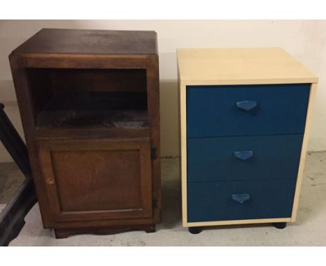 2 bedside cabinets, a vintage dark wood one together with a modern beech effect one with painted front.