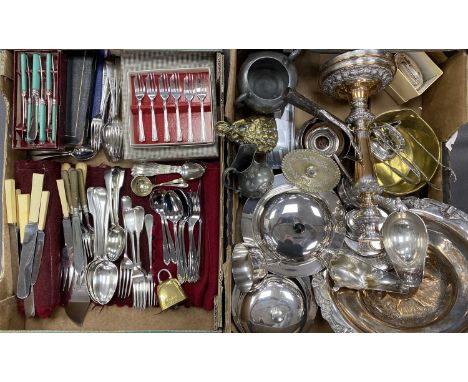 ASSORTED PLATED ITEMS & METALWARE including cutlery, some boxed, two circular muffin dishes and covers, Sheffield plated cand