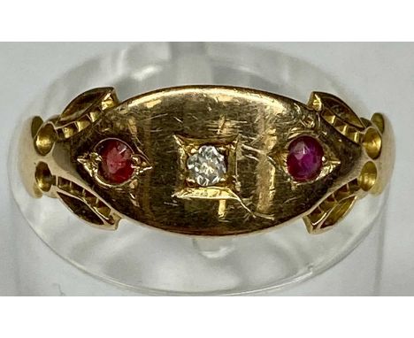 9CT ROSE GOLD DIAMOND & RUBY THREE STONE RING, size M, 2.3gmsProvenance: private collection Conwy