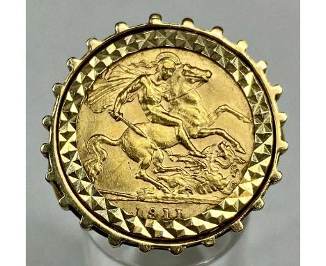 GEORGE V 1911 GOLD HALF SOVEREIGN RING, set in 9ct gold pierced ring mount, size Q, 11.2gmsProvenance: private collection Con