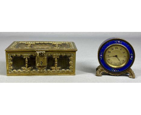 19TH CENTURY GILDED BRASS & LEATHER JEWELLERY CASKET, in form of a Gothic coffer with ornate lock plate, plush lined interior
