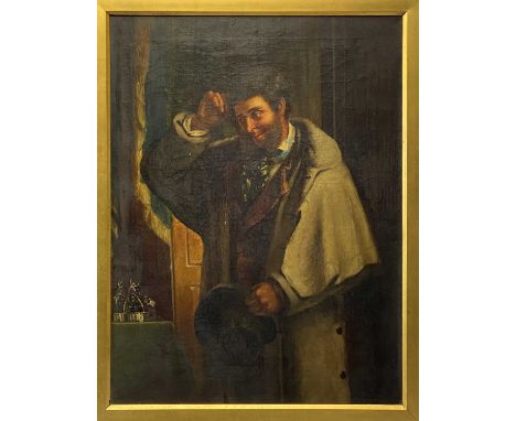 19TH CENTURY CONTINENTAL SCHOOL oil on canvas - ¾ length portrait of man wearing overcoat and holding hat, unsigned, 69.5 x 5